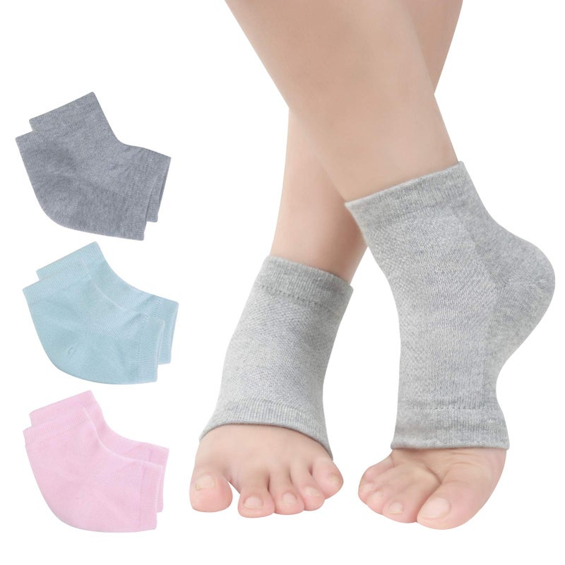 Exptolii Vented Moisturizing Gel Heel Socks 3 Pairs Toeless Spa Sock for Foot Care Treatment Cracked Heels Dry Feet Foot Calluses Gray Green Pink