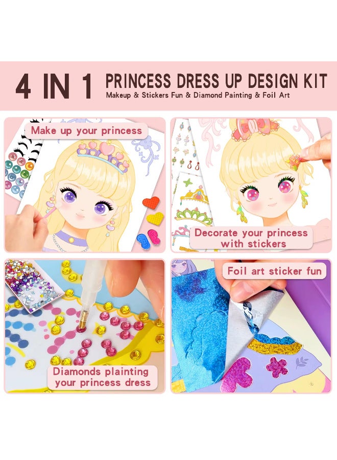 TFiOXL 4-in-1 Dress Up Game Set Princess Fantasy Makeup, Pretty Pretty Princess Game, Girls Toy Kit with Diamond Painting & Dress Up Set, DIY Paper Makeup Arts and Crafts  - Image 4