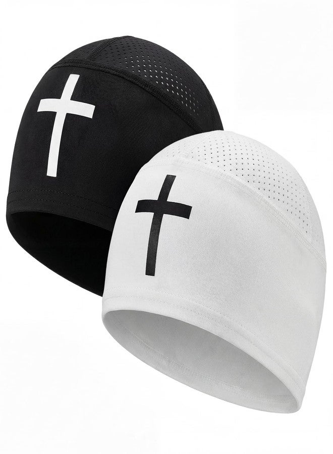 Cuffbow 2 Pcs Skull Cap for Men Beanie Hat Sport Lightweight Breathable Helmet Liner Hat for Men Bicycle Running Team Gift(Cross) White, Black - Image 1