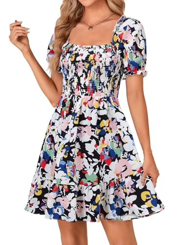 Rooscier Women's Summer Boho Floral Print Square Neck Smocked Ruffle Casual Sundress Mini Dress Multicolor Floral Medium - Image 3