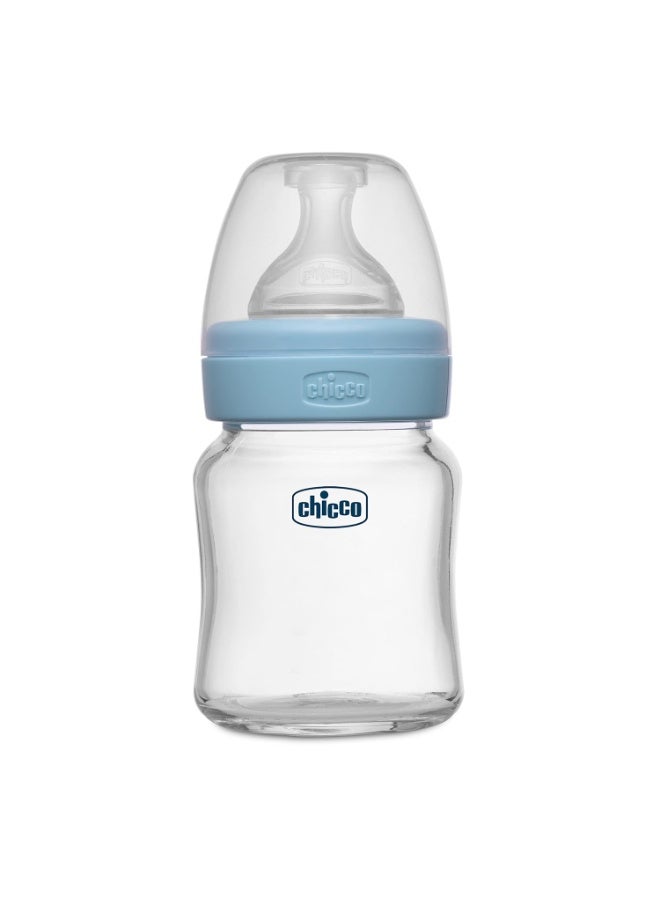 Chicco Wellbeing Glass Feeding Bottles I Premium Borosilicate I Advanced Anti-Colic System I Soft Silicone I Food Grade I BPA Free I Wide Neck I New Born I 120ml, Slow Flow 0+ Months Blue 1Pc - Image 1