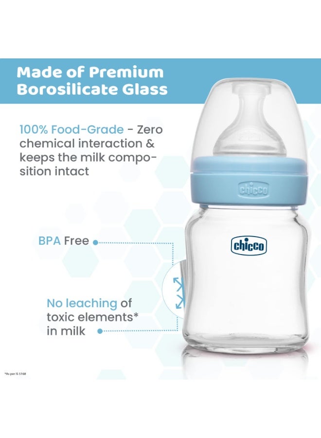 Chicco Wellbeing Glass Feeding Bottles I Premium Borosilicate I Advanced Anti-Colic System I Soft Silicone I Food Grade I BPA Free I Wide Neck I New Born I 120ml, Slow Flow 0+ Months Blue 1Pc - Image 4