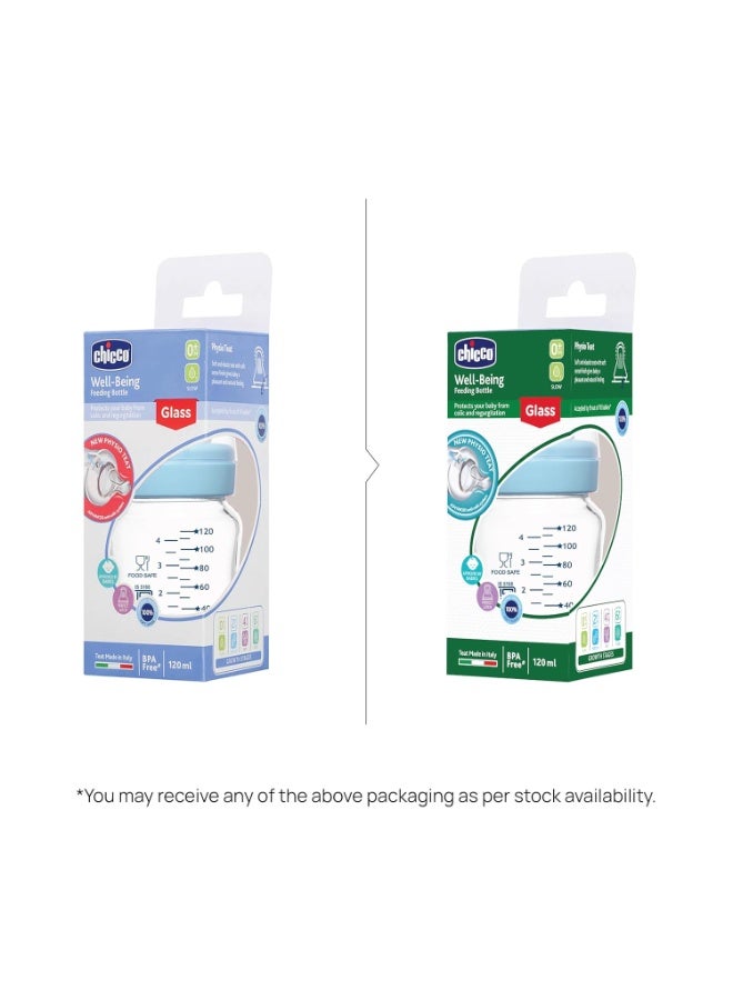 Chicco Wellbeing Glass Feeding Bottles I Premium Borosilicate I Advanced Anti-Colic System I Soft Silicone I Food Grade I BPA Free I Wide Neck I New Born I 120ml, Slow Flow 0+ Months Blue 1Pc - Image 2
