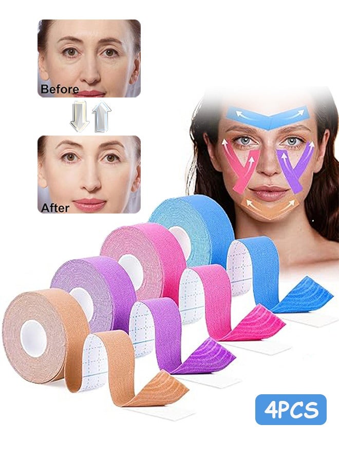 إم إكس إن 4 لفات من شريط شد الوجه للتجاعيد | شريط مضاد للشيخوخة للتجاعيد | شريط رفع الليفي العضلي للوجه للبشرة | شريط جلدي للوجه والجبهة | أشرطة الوجه لرفع الجلد المترهل (4 ألوان) - Image 1