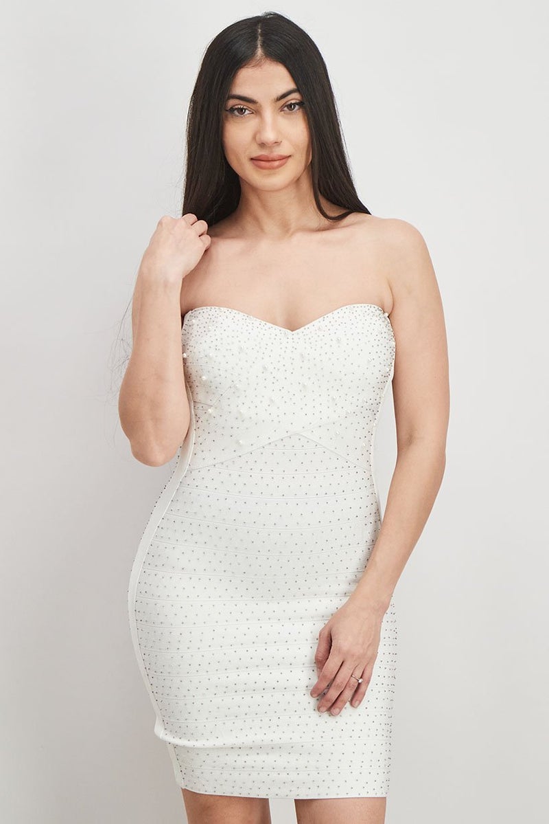 Marciano Women Embellished Strapless Mini Dress, White - Image 1