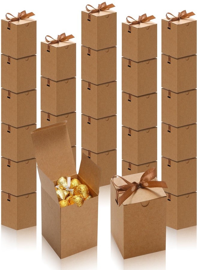 DOYIDE 60 Pcs Small Gift Boxes, 3x3x3 inches Kraft Paper Gift Box with Ribbons, Brown Candy Boxes for Christmas Wedding Favors Baby Shower Bridal Shower Birthday Party - Image 1