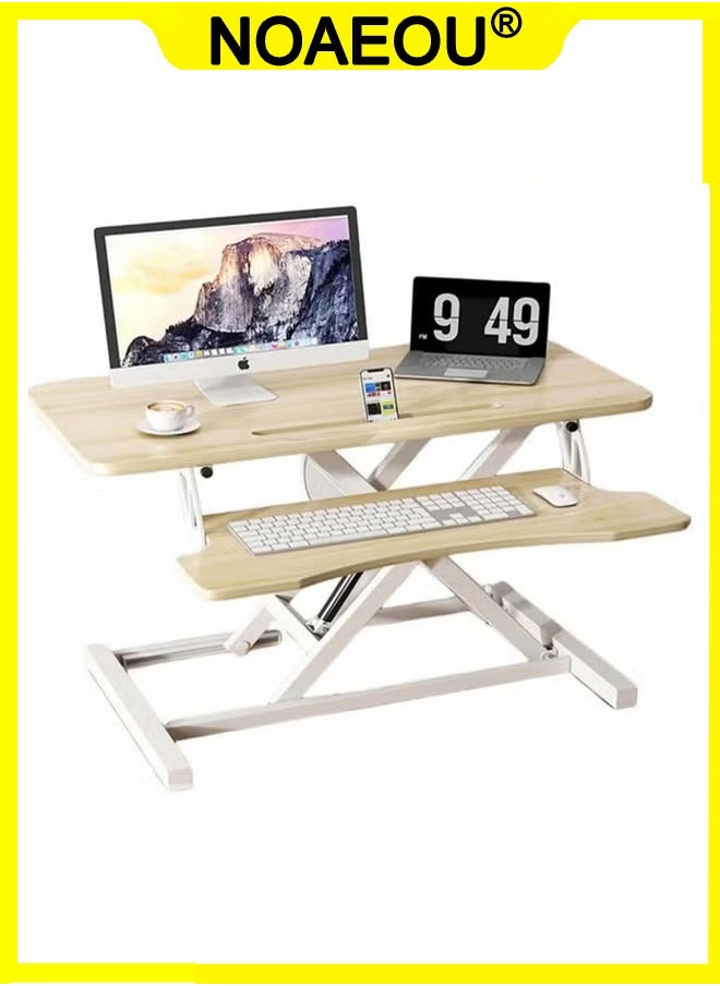 NOAEOU - Adjustable Standing Desk Converter, 80cm x 40cm Ergonomic Sit to Stand Workstation with Keyboard Tray, MDF Wood Desktop Riser for Home Office Computer Laptop, Maple - Image 1