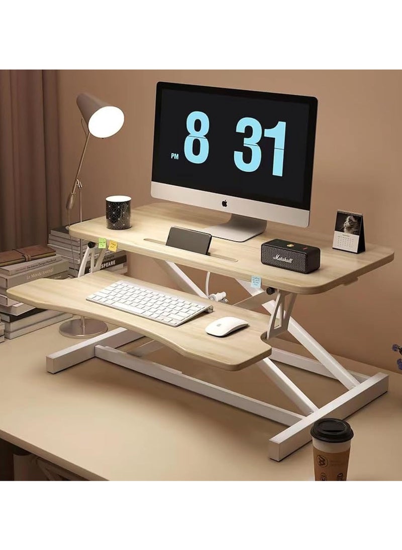 NOAEOU - Adjustable Standing Desk Converter, 80cm x 40cm Ergonomic Sit to Stand Workstation with Keyboard Tray, MDF Wood Desktop Riser for Home Office Computer Laptop, Maple - Image 1