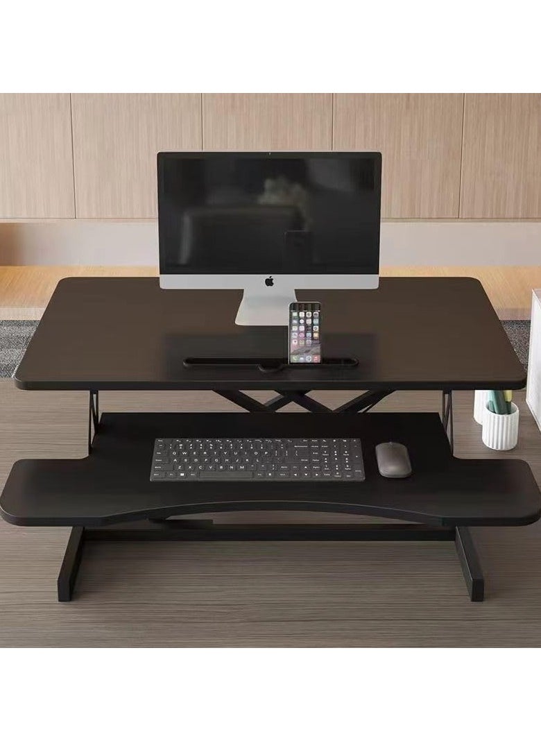 NOAEOU - Adjustable Standing Desk Converter, 80cm x 40cm Ergonomic Sit to Stand Workstation with Keyboard Tray, MDF Wood Desktop Riser for Home Office Computer Laptop, Maple - Image 1