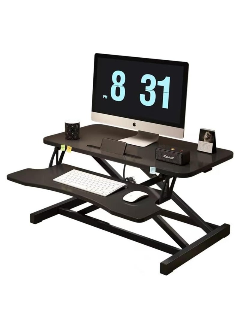 NOAEOU - Adjustable Standing Desk Converter, 80cm x 40cm Ergonomic Sit to Stand Workstation with Keyboard Tray, MDF Wood Desktop Riser for Home Office Computer Laptop, Maple - Image 1