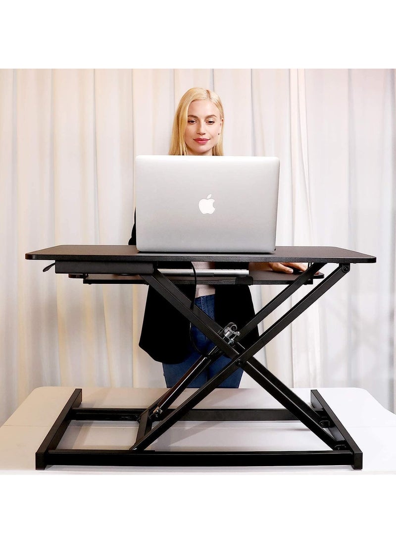 NOAEOU - Adjustable Standing Desk Converter, 80cm x 40cm Ergonomic Sit to Stand Workstation with Keyboard Tray, MDF Wood Desktop Riser for Home Office Computer Laptop, Maple - Image 1
