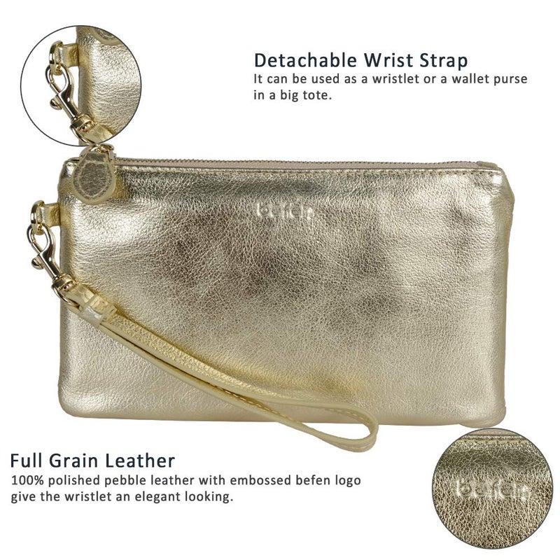 befen Genuine Leather Wristlet Clutch RFID Blocking Bag Cell Phone Wallet Purse Smartphone Gold Wristlet Wallet Purses and Handbags for Women - Image 3