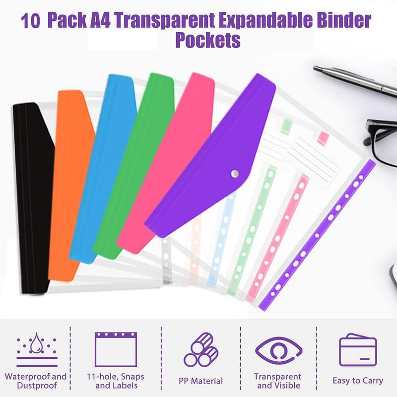 Goodern 6Pcs Ring Binder Punch Pocket,A4 Clear Plastic Envelopes For Ring Binder Folder,Loose-Leaf Plastic Envelopes With 11 Holes For Ring Binder Folder For Home Work Office Organization-Black - Image 2