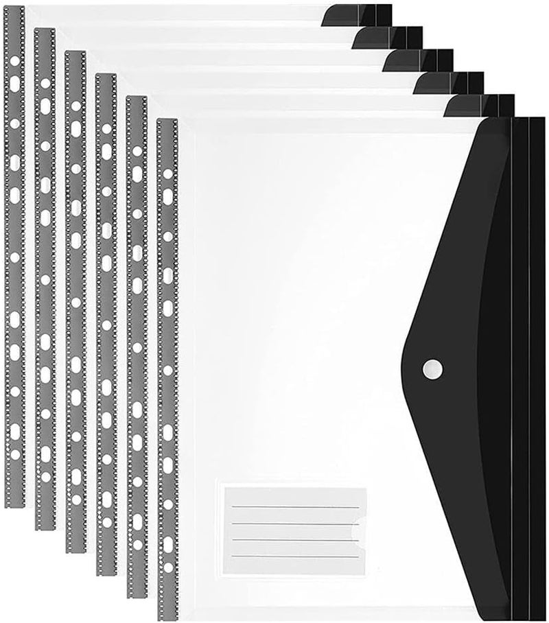 Goodern 6Pcs Ring Binder Punch Pocket,A4 Clear Plastic Envelopes For Ring Binder Folder,Loose-Leaf Plastic Envelopes With 11 Holes For Ring Binder Folder For Home Work Office Organization-Black - Image 1