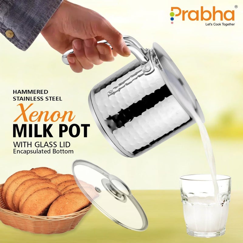Prabha Heavy Gauge Encapsulated Base Stainless Steel Compatible with Induction Gas Stove Base Hammered Milk Pot Boiler with Glass Lid Capacity 18 Liter Size 14 cm Durable for Long Time - Image 4