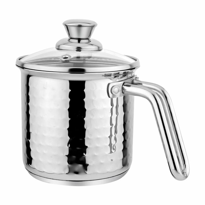 Prabha Heavy Gauge Encapsulated Base Stainless Steel Compatible with Induction Gas Stove Base Hammered Milk Pot Boiler with Glass Lid Capacity 18 Liter Size 14 cm Durable for Long Time - Image 1