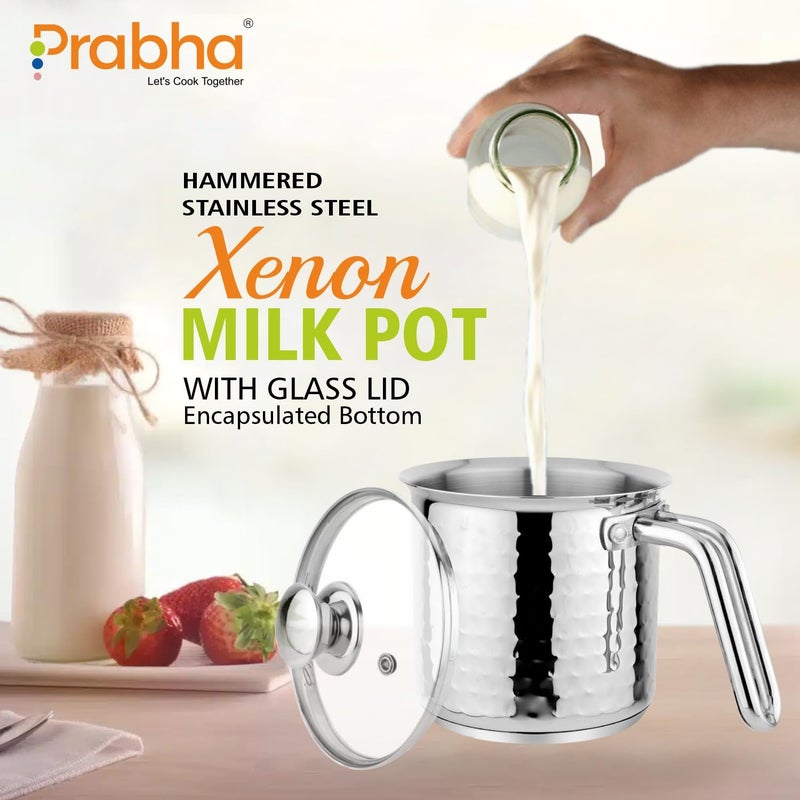 Prabha Heavy Gauge Encapsulated Base Stainless Steel Compatible with Induction Gas Stove Base Hammered Milk Pot Boiler with Glass Lid Capacity 18 Liter Size 14 cm Durable for Long Time - Image 3