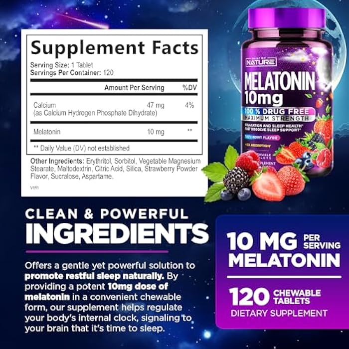 Built by Nature Melatonin 10mg Chewables – Max Strength Melatonin - Fast Dissolve Chews for Adults – Drug-Free Sleep Aid Supplement - Vegan, Non-GMO, Gluten-Free – Berry Flavor - 120 Chewable Tablets - Image 2