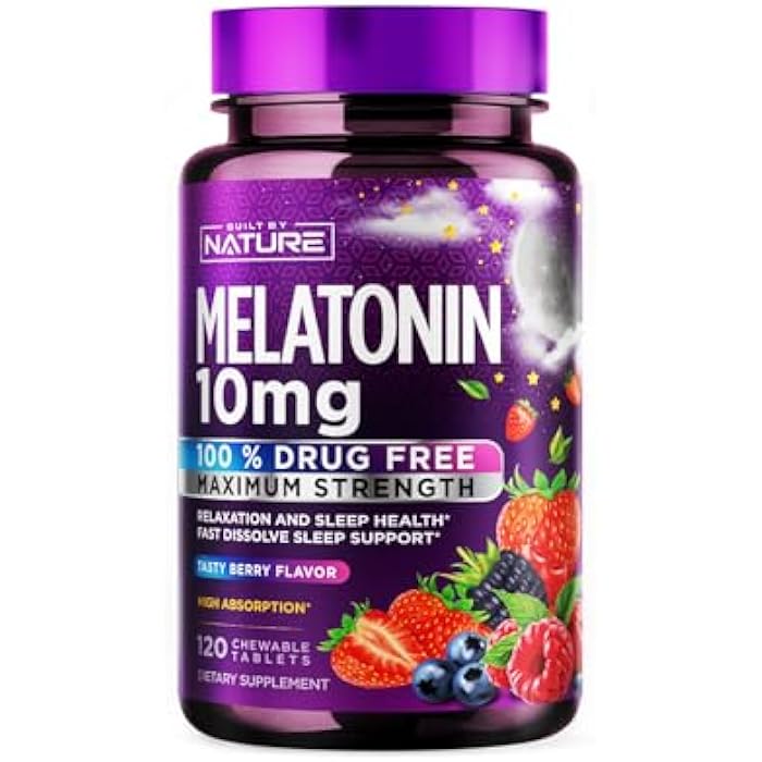 Built by Nature Melatonin 10mg Chewables – Max Strength Melatonin - Fast Dissolve Chews for Adults – Drug-Free Sleep Aid Supplement - Vegan, Non-GMO, Gluten-Free – Berry Flavor - 120 Chewable Tablets - Image 1