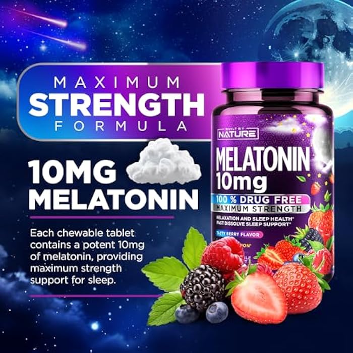 Built by Nature Melatonin 10mg Chewables – Max Strength Melatonin - Fast Dissolve Chews for Adults – Drug-Free Sleep Aid Supplement - Vegan, Non-GMO, Gluten-Free – Berry Flavor - 120 Chewable Tablets - Image 3