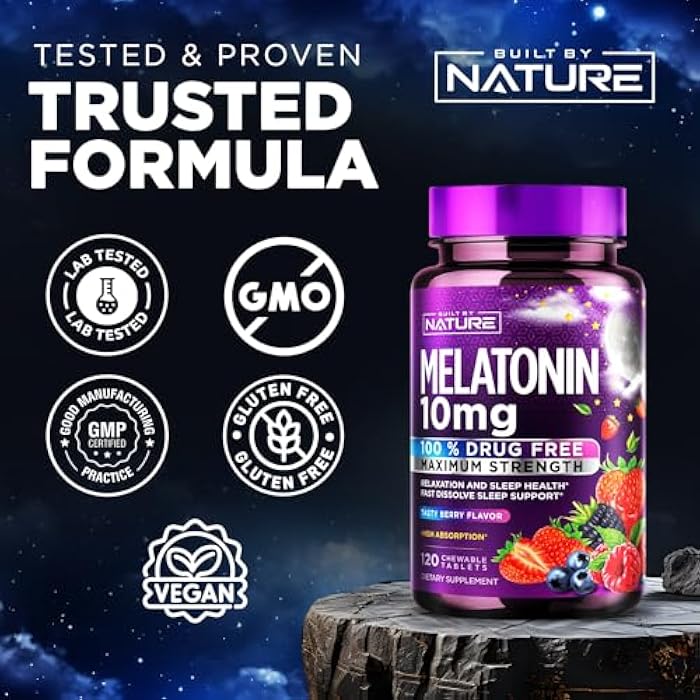 Built by Nature Melatonin 10mg Chewables – Max Strength Melatonin - Fast Dissolve Chews for Adults – Drug-Free Sleep Aid Supplement - Vegan, Non-GMO, Gluten-Free – Berry Flavor - 120 Chewable Tablets - Image 4