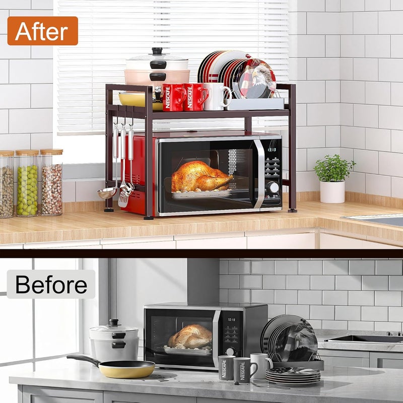 Pusdon Extendable Microwave Oven Rack, Adjustable Microwave/Toaster Shelf Heavy Duty Stand Kitchen Counter Top Organizer, 2 Tier with 3 Hooks, 160lbs Weight Capacity, Bronze - Image 2