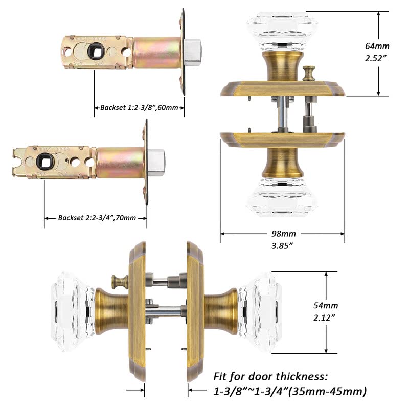 Orger Octagonal Crystal Door Knobs 5 Pack, Interior Privacy Door Handle for Bed/Bathroom with Pin Lock Inside, Antique Bronze Vintage Rosette Door Knob with Heavy Duty Genuine Glass - Image 4