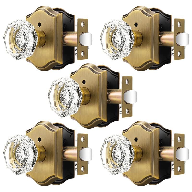 Orger Octagonal Crystal Door Knobs 5 Pack, Interior Privacy Door Handle for Bed/Bathroom with Pin Lock Inside, Antique Bronze Vintage Rosette Door Knob with Heavy Duty Genuine Glass - Image 1
