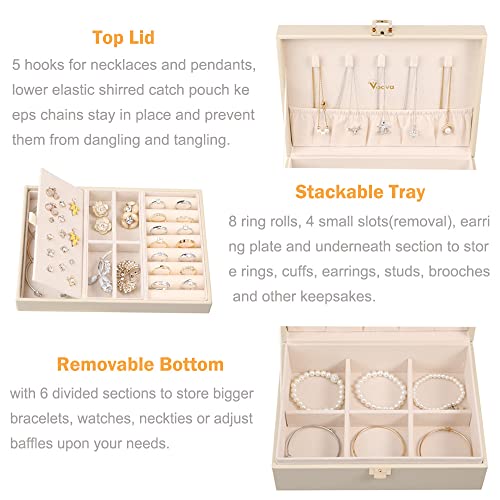 Voova Jewelry Box Organizer for Women Girls, 2 Layer Large Men Jewelry Storage Case, PU Leather Display Jewellery Holder with Removable Tray for Necklace Earrings Rings Bracelets, Vintage Gift,Apricot - Image 2