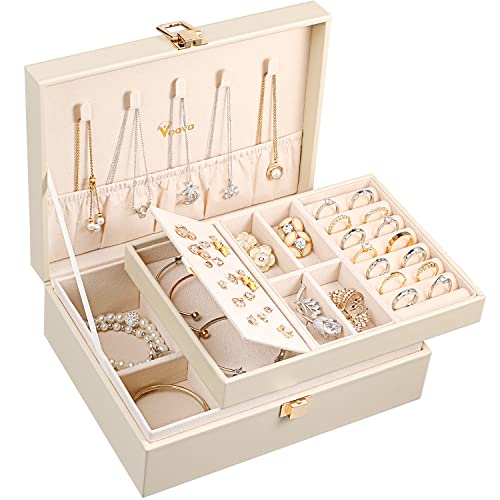 Voova Jewelry Box Organizer for Women Girls, 2 Layer Large Men Jewelry Storage Case, PU Leather Display Jewellery Holder with Removable Tray for Necklace Earrings Rings Bracelets, Vintage Gift,Apricot - Image 1