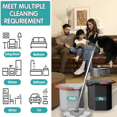 Keekos 360° Spin Mop with Pedal & Dual Bucket | Stainless Steel Wringer | Microfiber Refill Heads | Easy Self-Wringing Floor Cleaning Mop for Home & Office (Grey-Simple) - Image 5