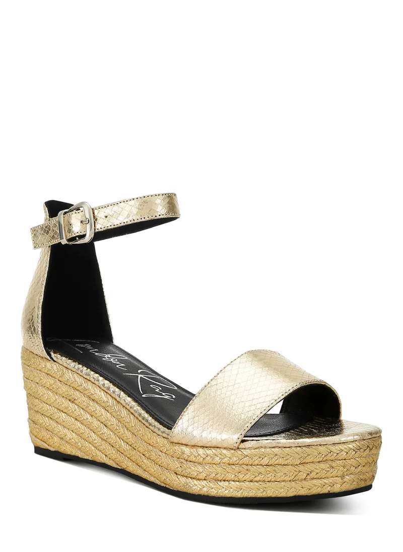 London Rag Faux Leather Snake Wedge Espadrilles in Gold