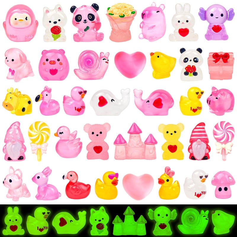 Feivando 50Pcs Luminous Valentine's Day Mini Resin Figures Valentines Tiny Resin Ducks Animals Glow in The Dark Miniature Figurines for Crafts Garden Micro Landscape Home Party Table Decor - Image 1