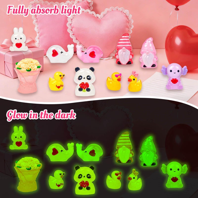 Feivando 50Pcs Luminous Valentine's Day Mini Resin Figures Valentines Tiny Resin Ducks Animals Glow in The Dark Miniature Figurines for Crafts Garden Micro Landscape Home Party Table Decor - Image 3