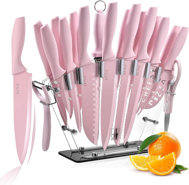 EUNA Knife Block Set, 19 PCS Kitchen Knife Set with Acrylic Block and Sharpener, German High-Carbon Stainless Steel Knife Sets with 6 Serrated Steak Knives, Bread Knife, Chef Knife, Rust-Proof - Image 1