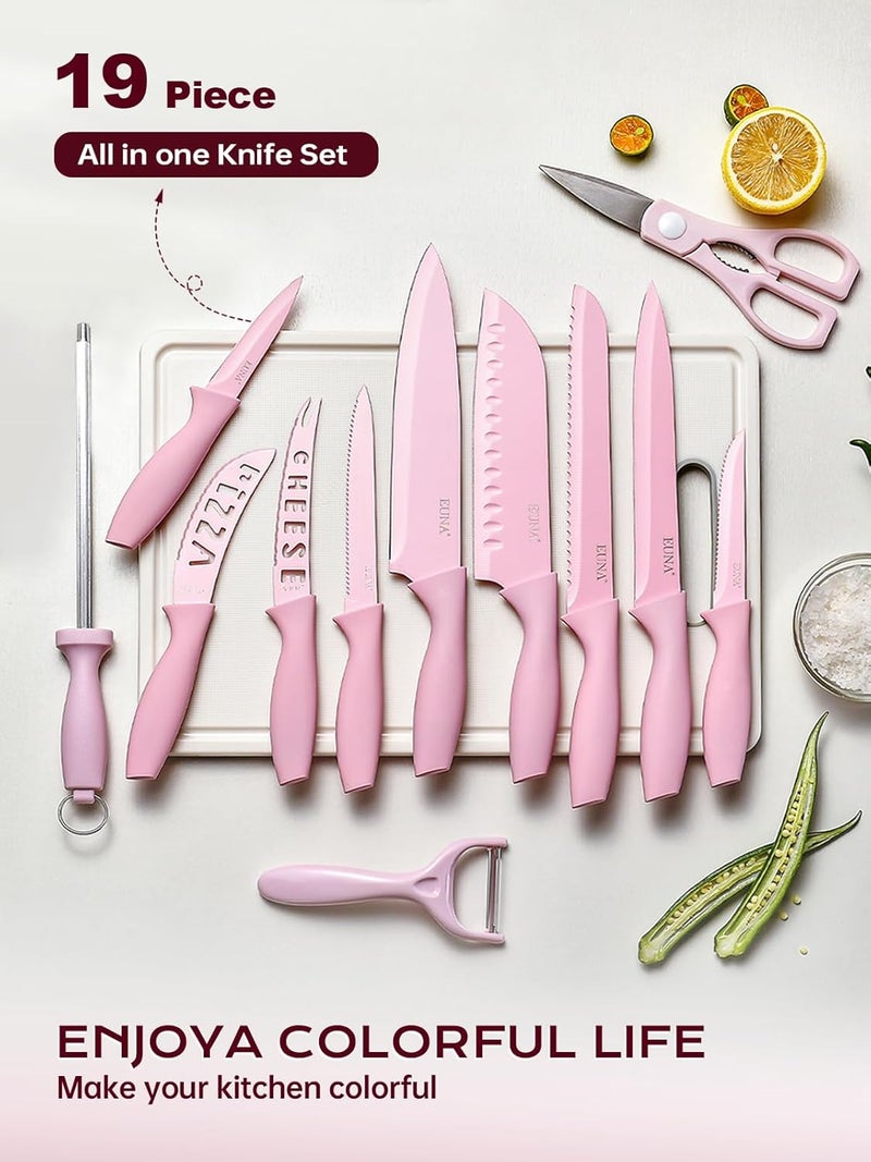 EUNA Knife Block Set, 19 PCS Kitchen Knife Set with Acrylic Block and Sharpener, German High-Carbon Stainless Steel Knife Sets with 6 Serrated Steak Knives, Bread Knife, Chef Knife, Rust-Proof - Image 5