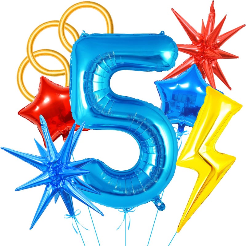 Villorem Red Blue Yellow Balloons Set 40 inch Blue Number 5 Balloon Golden Long Balloon Lightning and Star Balloons for Blue Hedgehog Theme Party 5th Birthday Party Decorations - Image 3