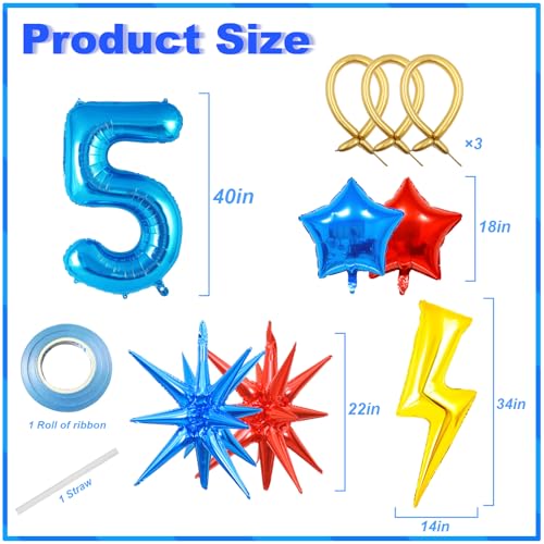 Villorem Red Blue Yellow Balloons Set 40 inch Blue Number 5 Balloon Golden Long Balloon Lightning and Star Balloons for Blue Hedgehog Theme Party 5th Birthday Party Decorations - Image 5