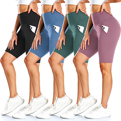 FULLSOFT 4 Pack Biker Shorts for Women – 8" High Waist Tummy Control Workout Yoga Running Compression Exercise Shorts with Pockets(4 Pack Black/Pink/Ins Green/Blue,Small-Medium) - Image 1
