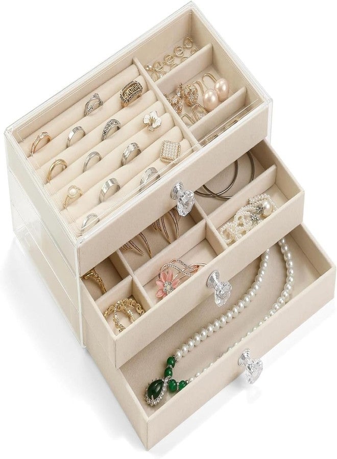 ELEVEN RINGS Acrylic 3-Layer Jewellery Organizer Box – Portable & Travel-Friendly Velvet Drawer Jwell Storage Case for Earrings, Rings, Necklaces & Bangles for Women. (Beige) - Image 1