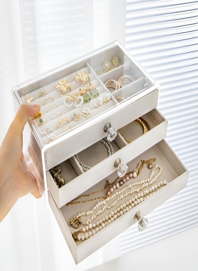 ELEVEN RINGS Acrylic 3-Layer Jewellery Organizer Box – Portable & Travel-Friendly Velvet Drawer Jwell Storage Case for Earrings, Rings, Necklaces & Bangles for Women. (Beige) - Image 2