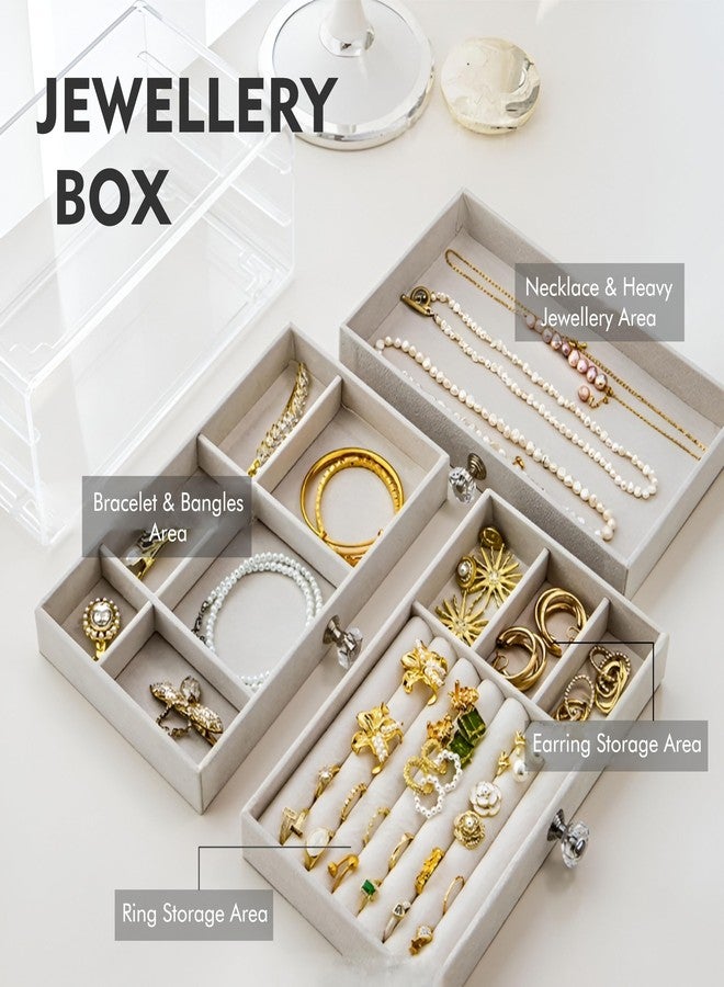 ELEVEN RINGS Acrylic 3-Layer Jewellery Organizer Box – Portable & Travel-Friendly Velvet Drawer Jwell Storage Case for Earrings, Rings, Necklaces & Bangles for Women. (Beige) - Image 5