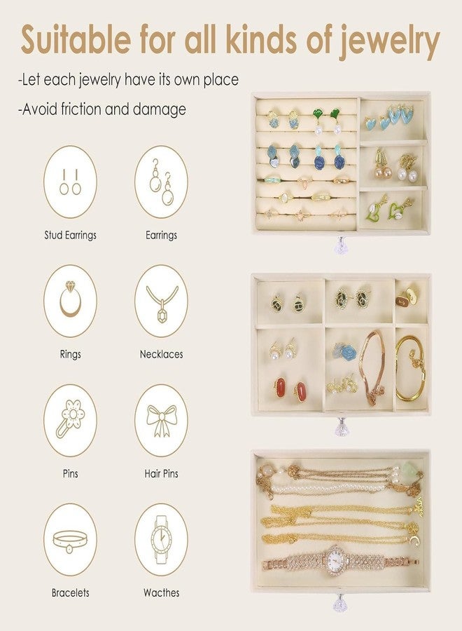 ELEVEN RINGS Acrylic 3-Layer Jewellery Organizer Box – Portable & Travel-Friendly Velvet Drawer Jwell Storage Case for Earrings, Rings, Necklaces & Bangles for Women. (Beige) - Image 4
