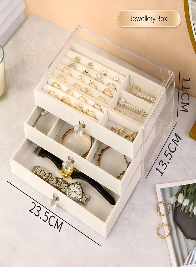 ELEVEN RINGS Acrylic 3-Layer Jewellery Organizer Box – Portable & Travel-Friendly Velvet Drawer Jwell Storage Case for Earrings, Rings, Necklaces & Bangles for Women. (Beige) - Image 3
