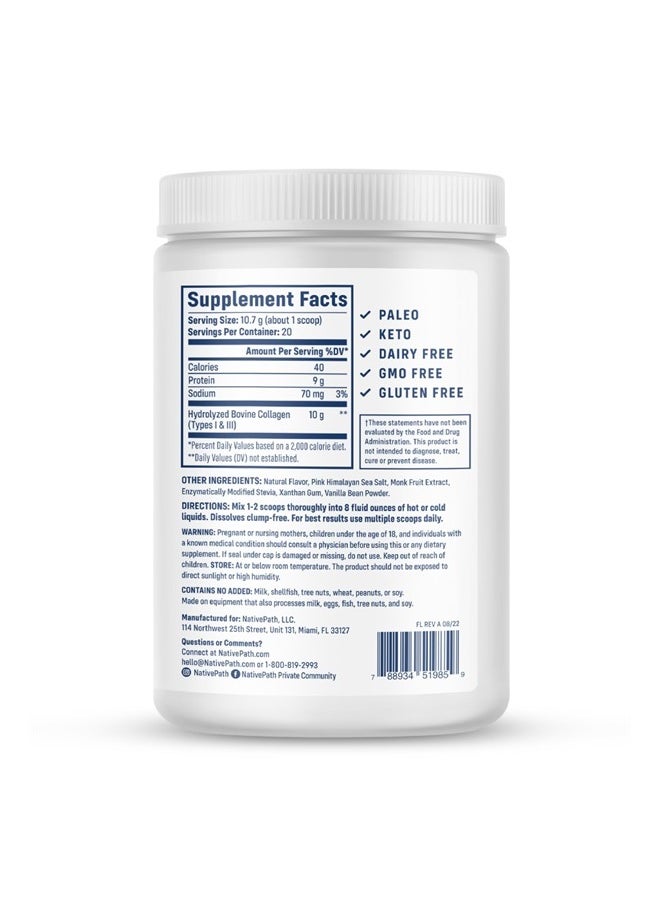NativePath - Collagen Peptides - Hydrolyzed Type 1 & 3 Collagen. Keto & Paleo Grass-Fed Protein Powder for Hair, Skin, Nails, Bones, Joints, Digestion and More - No Gluten or Dairy (Vanilla Bean, 228g) - Image 1