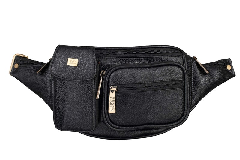 BRAND LEATHER Genuine Leather Stylish Waist Bag Elegant Style Travel Pouch Passport Holder with Adjustable Strap (Black) - Image 4