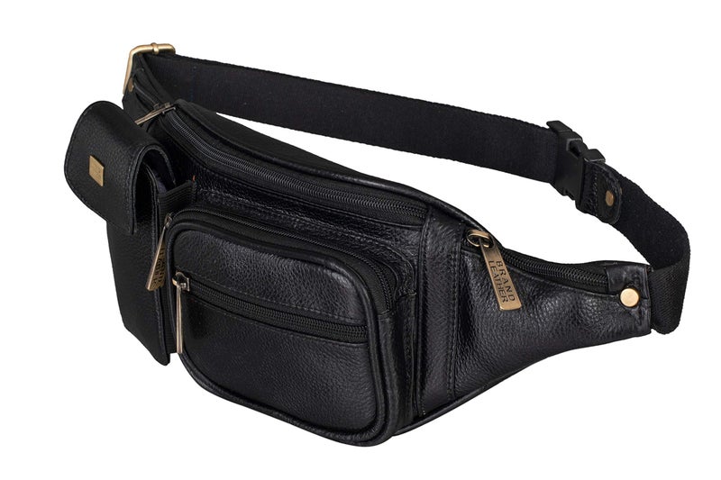 BRAND LEATHER Genuine Leather Stylish Waist Bag Elegant Style Travel Pouch Passport Holder with Adjustable Strap (Black) - Image 1