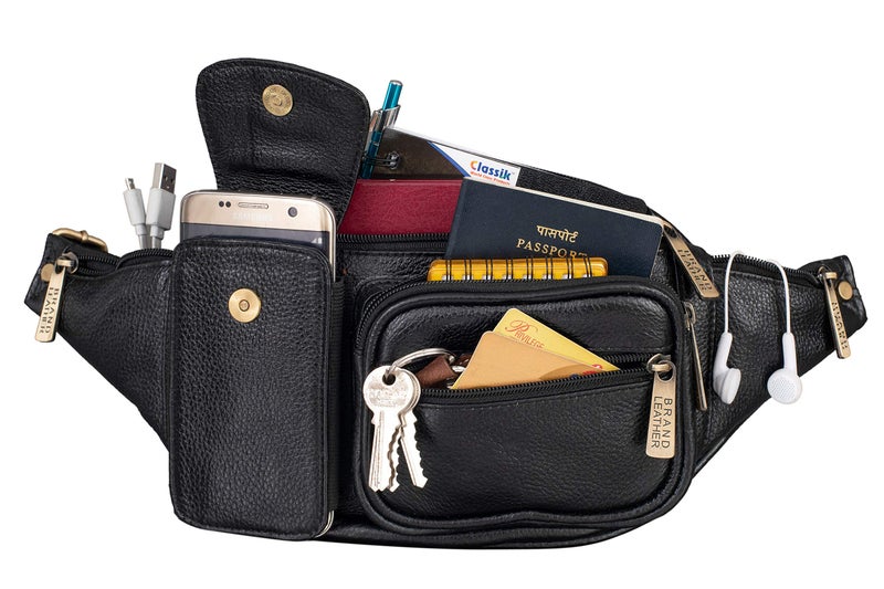 BRAND LEATHER Genuine Leather Stylish Waist Bag Elegant Style Travel Pouch Passport Holder with Adjustable Strap (Black) - Image 5
