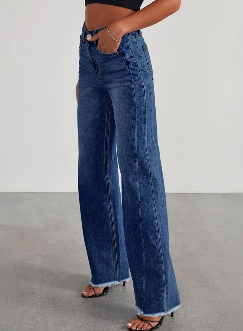 Sidefeel Women's High Waisted Mom Jeans Stretchy Raw Hem Straight Leg Denim Pants Size 4 Deep Blue - Image 3