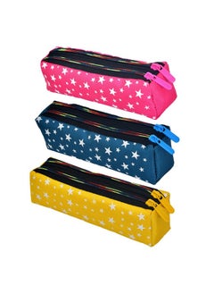 Kuber Industries Kuber Industries Pencil Pouch | Rexine Stationary Pouch | 2 Zipper Pencil Utility Pouch | Pen-Pencil Box for Kids | Star Pencil Pouch | Pack of 3 | Multi  - Image 1